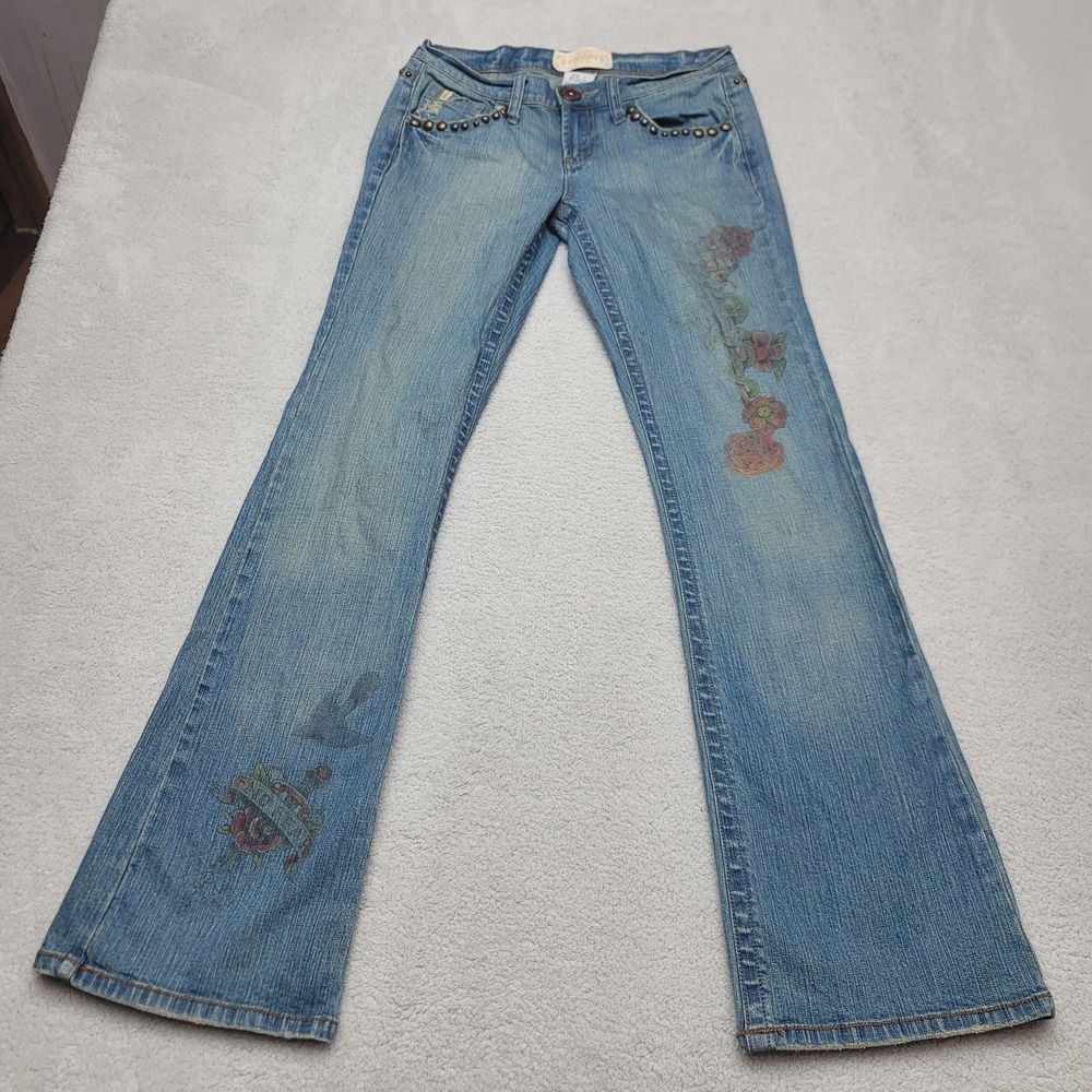Z Cavaricci Jeans Womens 7 Blue Stretch Floral Beaded Flare Boot Leg 300-5512